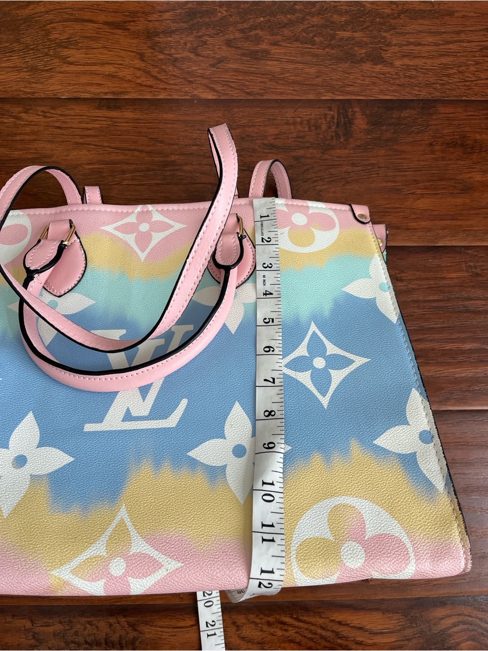 Designer Inspired Pastel Multicolor Tote - Pink, Blue, Yellow - Picture 10 of 11